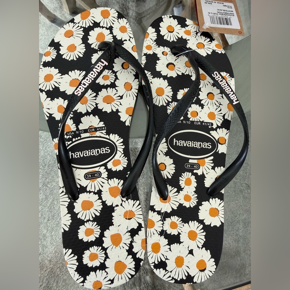 Havaianas Flip Flops in Black, White & Orange Daisy Print
